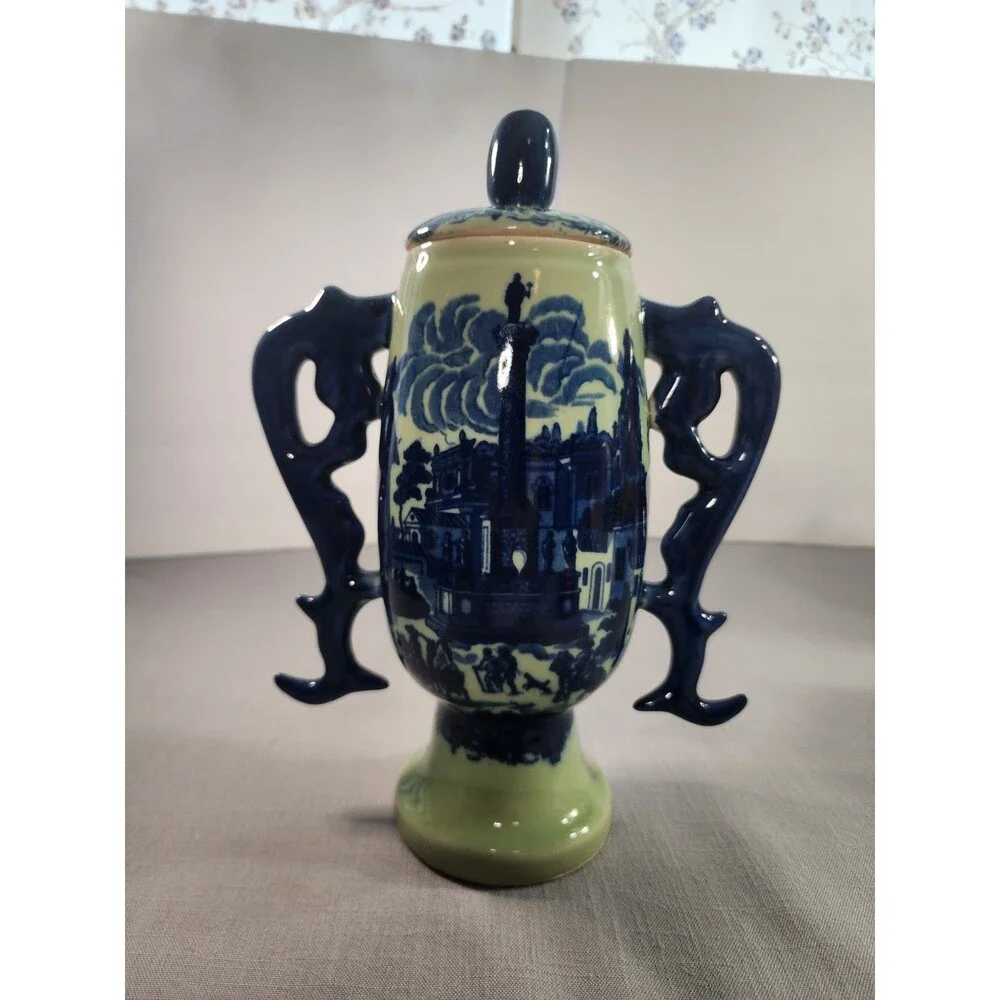 Asian Style Blue & Green Porcelain Lidded Urn Vase Double Handle 11.5”